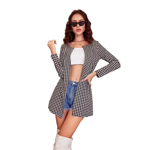 Self Designed Autumn Winter Cardigan Women Long Sweater Houndstooth