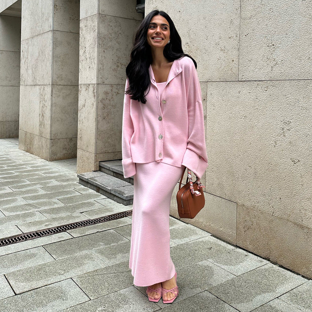 Knitted Long Sleeve Cardigan Camisole Skirt Set Women Autumn Winter